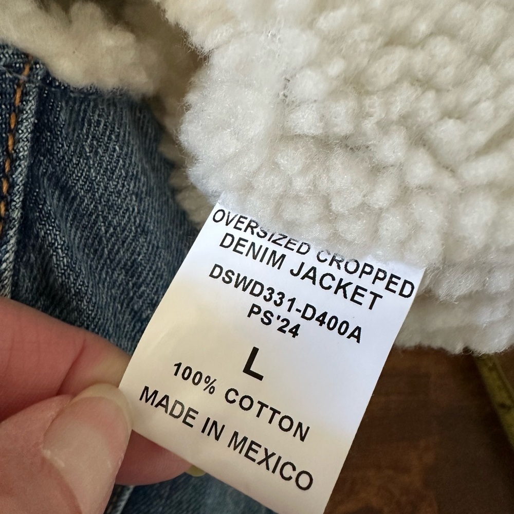 Anthropologie Denimist Blue Denim Cropped‎ Boxy Jacket with Sherpa lining size L - Picture 6 of 8